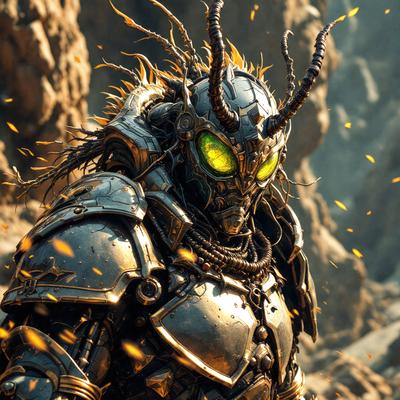 The primary subject of the image is a character wearing a metallic suit with a mask on its face. The character appears to be a robot or an alien, and it is the main focus of the image. The setting is a rocky landscape, with the character standing in front of a rocky hill. The visual style of the image is a combination of photo and digital art, creating a unique and intriguing appearance. The colors and mood of the image are dark and mysterious, with the character's metall